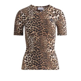 Ganni Tops, Dames, Bruin, XS, Katoen, Soft Cotton Rib Short Sleeve