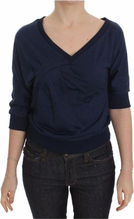 Exte Blauwe Trui met V-hals en Logo Detail - Dames - V-hals truien - Blauw - XS - Katoen - Truien & Vesten