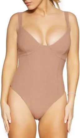 Naked Wardrobe Faux Bustier Ribbed Bodysuit in Coco at Nordstrom Rack, Size X-Small