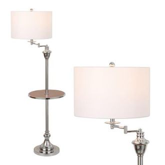 Jonathan Y Designs Cora Modern Metal LED Floor Lamp with Integrated Glass Side Table and Swing Arm in Chrome/brown Wood at Nordstrom