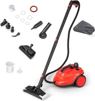 Costway Pulitore a vapore multiuso da 2000 W con 15 accessori e manometri, scopa a vapore con ruote da 5 bar con serbatoio da 1,8 l, rosso