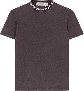 Golden Goose T-Shirts, male, Gray, Size: M Distressed Cotton T-Shirt with Crystals