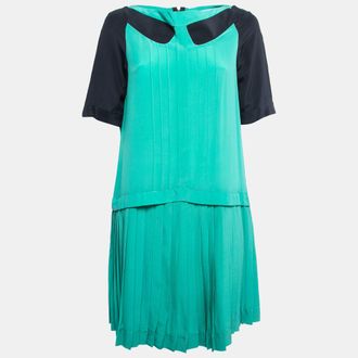 Victoria Beckham Green/navy Blue Silk Pleated Mini Dress