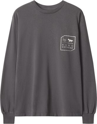 Maison Kitsun&eacute; Faded Black Graphic Ribbed Crew Neck Long-Sleeve T-Shirt