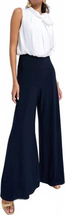 Joseph Ribkoff Mockneck Tie Wide Leg Jumpsuit In Midnight Blue/vanilla