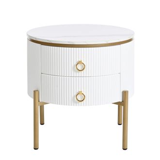 STILVORA Mesa Auxiliar Redonda Con 2 Cajones, Patas Regulables, Efecto M&aacute;rmol Y Detalles Dorados, En Mdf, Blanco, &Oslash;50&times;51 Cm