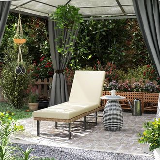 OUTSUNNY Folding Rattan Sun Lounger with Adjustable Back, Cushion, Natural