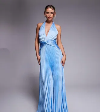 Forever New Vestito lungo allacciato al collo in raso a pieghe blu