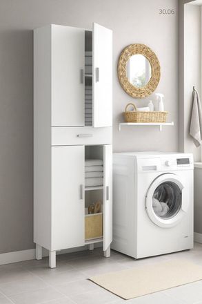 Dmora Dmora - Armario Multifunci&oacute;n Dlobotk, Mueble Para Ba&ntilde;o O Lavadero De 4 Puertas Y 1 Caj&oacute;n, Zapatero Multiusos, 60x29h182 Cm, Blanco Brillante
