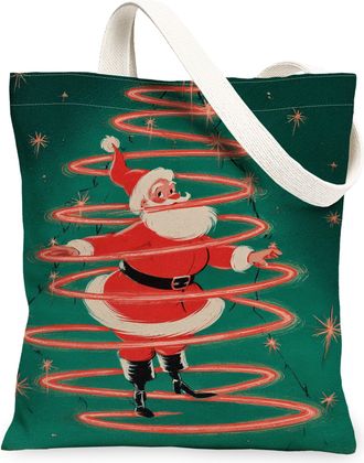 Generic Christmas Santa Canvas Tote Bags, Retro Holiday Design Reusable Grocery Bags, Festive Lightweight Washable Shoulder Strap C, Green, 13x15 Inch