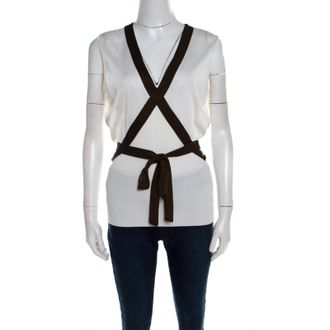 Escada Cream Knit Contrast Tie Up Trim Sleeveless Top