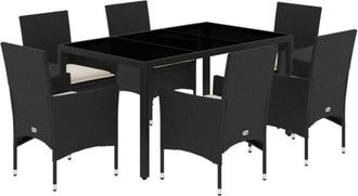 vidaXL Set Comedor Jard&iacute;n 7 Pzas Cojines Rat&aacute;n Sint&eacute;tico Vidrio Negro Vidaxl