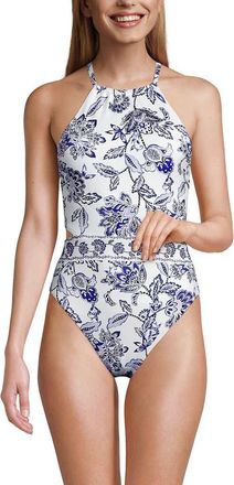 Lands End High Neck Monokini High Leg One Piece Swimsuit in Blue Vintage Floral at Nordstrom, Size 18