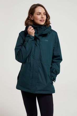 Mountain Warehouse Fell Womens 3 in 1 Jacket Water Resistant Inner Fleece Hooded Rain Dark Green - Size 10 UK