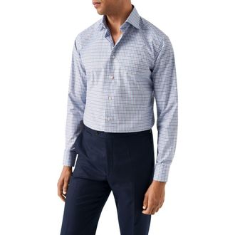 Eton Check Slim Fit Organic Cotton Dress Shirt in Light Blue at Nordstrom, Size 17.5