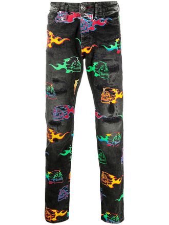 Philipp Plein Skull on Fire jeans - men - Cotton/Cotton/Polyester/Calf Leather/Elastane - 32 - Black