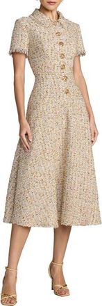 Mac Duggal Boucle Cap Sleeve Collared Neck A Line Midi Dress in Ecru Multi at Nordstrom, Size 10