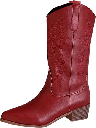 Generic Leather Boot High Boots Pointed Western Cowboy Boots Ladies (Red, 5.5)