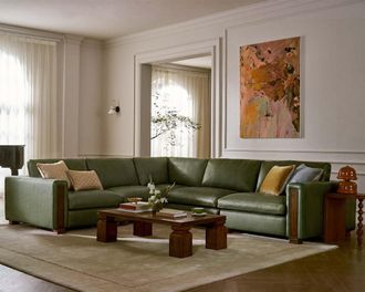 Castlery Tan France Kagan Leather 5-Piece L-Shape Sectional Couch, Lugano Moss for Living Room