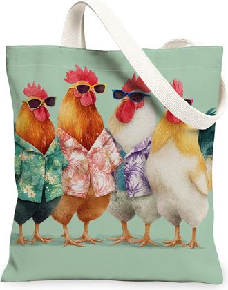 Generic Vintage Rooster Canvas Tote Bags, Fun Chicken Pattern Reusable Grocery Bags, Lightweight Washable Shoulder Strap Canvas for, Mint Green, 13x15 Inch