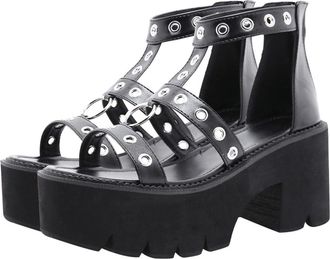 SOLUSTRE FOYTOKI WomenS Black Peep Toe High-Heeled Sandals with Metal Ring Cutout, Thick Sole Platform Roman Style, Non-Skid Chunky Heels, Size 41, Fashionable