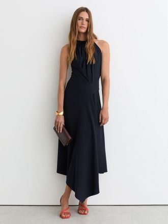 Reiss Navy Petite Drape-detail Sleeveless Midi Dress, 10