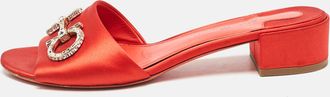 Ferragamo Red Satin Crystal Embellished Gancini Logo Slide Sandals