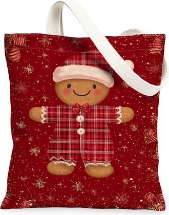 Generic Christmas Gingerbread Biscuits Canvas Tote Bags, Holiday Design Reusable Grocery Bags, Lightweight Washable Shoulder Strap for Travel 13x15 Inch