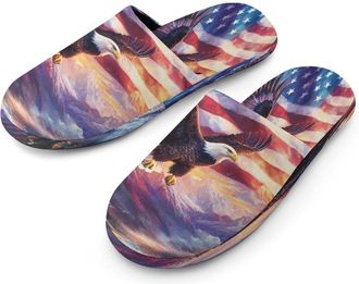 Generic Bald Ea-gles U.S. Flag Mens Cotton Slippers Memory Foam Comfort House Shoes Winter Indoor Slipper for Hotel Casa Spa