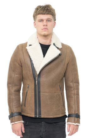 Infinity Leather Mens Double Breasted Sheepskin Biker Jacket-Manila - Tan - Size X-Large