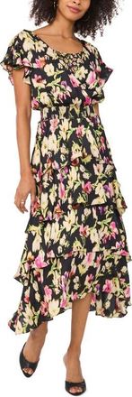 Vince Camuto Floral Tiered Flutter Sleeve Midi Dress in Rich Black at Nordstrom, Size Xx-Large