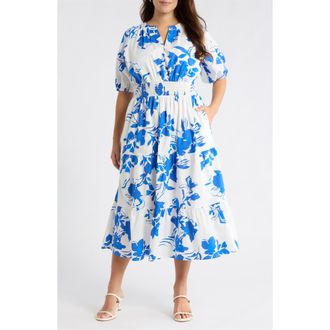 Sugarlips Aby Floral Hacienda Puff Sleeve Midi Dress in White-Cobalt-Multi at Nordstrom, Size 2 X