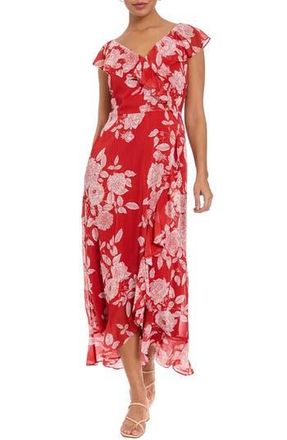 London Times Ruffle Wrap Maxi Dress in Aura Orange/White Alyssum at Nordstrom Rack, Size 10
