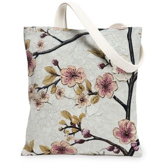 Generic Spring Plums Blossoms Flower Canvas Tote Bag for Shopping 13x15, Vintage Luxury Art Floral Reusable Grocery Print Pattern Bag for Women, Aesthetic Bea