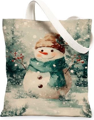 Generic Winter Snow Man Canvas Tote Bags, Vintage Art Design Reusable Grocery Bags, Holiday Lightweight Washable Shoulder Strap Can, Multicolor, 13x15 Inch
