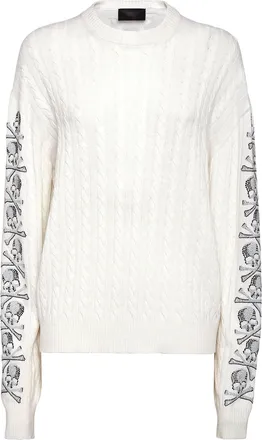 Philipp Plein Cash Five Pullover Round Neck LS Cable Crystal Skull