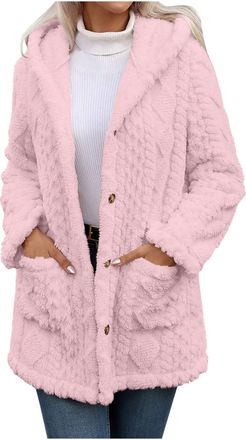 Generic Fluffy Hoodies Coats for Women Ladies Long Sleeve Button Front Fluffy Coats Warm Sherpa Hooded Outerwear Ladies Elegant Cardigan Winter Thick Fuzzy Pl
