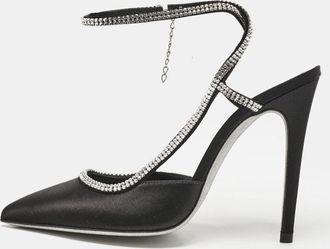 Loriblu Black Satin Crystals Embellished Ankle Strap Pumps