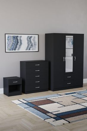 Home Discount Vida Designs 3Pc Bedroom Set 1Bedside, 5 Drawer Chest, Mirror Wardrobe in Black