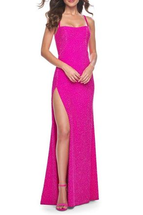 La Femme Rhinestone Embellished Jersey Gown with Square Neckline in Hot Fuchsia at Nordstrom, Size 00
