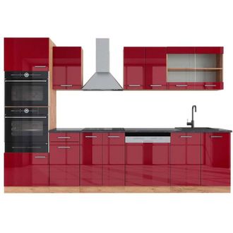Vicco Mueble De Cocina R-line, Burdeos Brillo Intenso/roble Dorado, 300 Cm Con Armario Alto, Et Antracita, Vicco