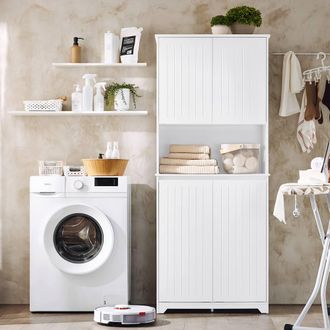SoBuy Bathroom Tall Cabinet - Dual Laundry Hampers in White