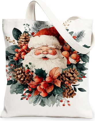 Generic Holiday Canvas Tote Bags, Festive Santa Design Reusable Shopping Bags, Vintage Christmas Lightweight Washable Shoulder Stra, White, 13x15 Inch