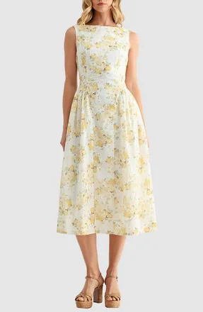 Mila Mae Floral Eyelet Fit & Flare Midi Dress in Yellow Floral at Nordstrom, Size X-Large