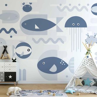 OEM Carta Da Parati - Oceano Minimalista - Pesci Geometrici E Granchi Nellacqua Per Bambini