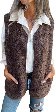 Generic Sherpa Vest Women Casual Warm Fuzzy Faux Shearling Vest Sleeveless Fleece Jacket Pockets Teddy Coat Gilet for Winter