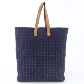 Herm&egrave;s Navy Leather Canvas Shoulder Bag Tote Bag (Pre-Owned)