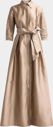 Teri Jon 3/4-Sleeve Taffeta Shirtdress Gown