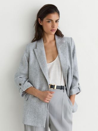 Reiss Pale Blue Nolah Linen-blend Textured Double-breasted Blazer, 14