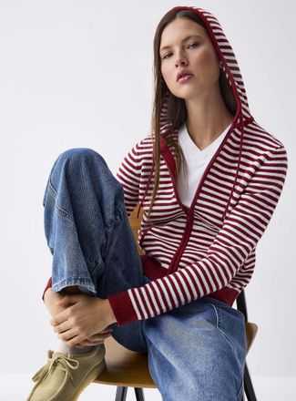 Twik Womens Hooded striped zip-up Cardigan Sweater